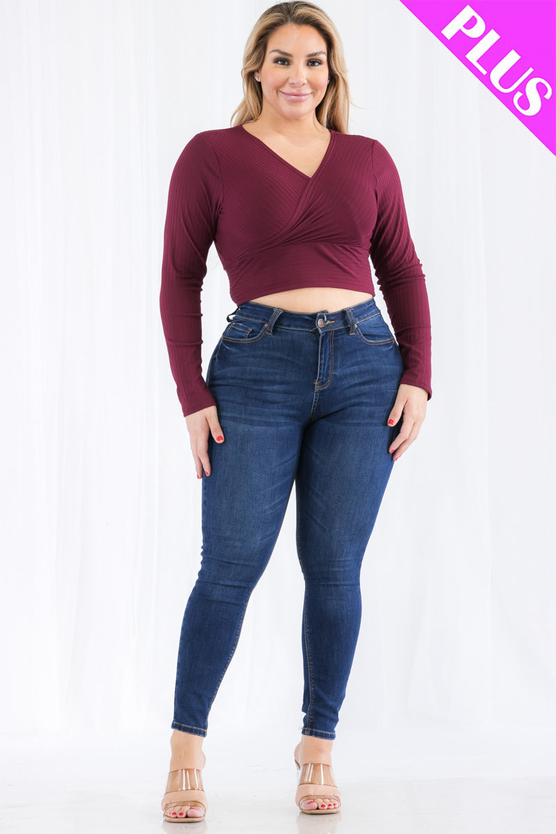 Plus Size Ribbed Wrap Front Long Sleeve Top (CAPELLA)