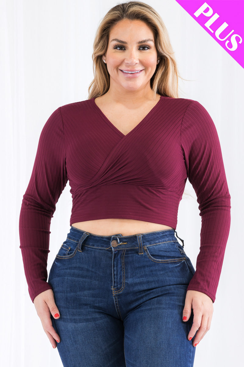 Plus Size Ribbed Wrap Front Long Sleeve Top (CAPELLA)