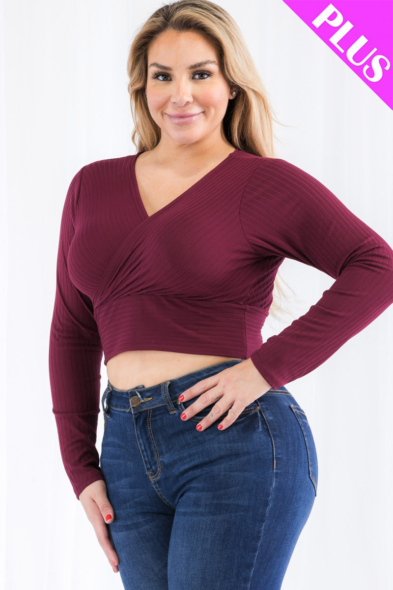 Plus Size Ribbed Wrap Front Long Sleeve Top (CAPELLA)