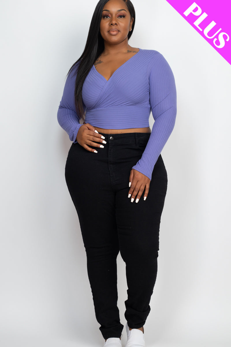 Plus Size Ribbed Wrap Front Long Sleeve Top (CAPELLA)