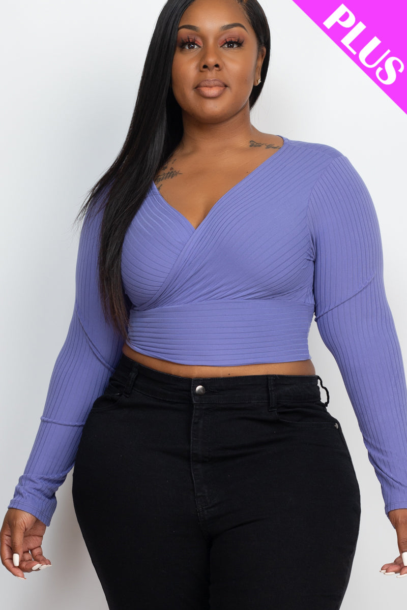 Plus Size Ribbed Wrap Front Long Sleeve Top (CAPELLA)