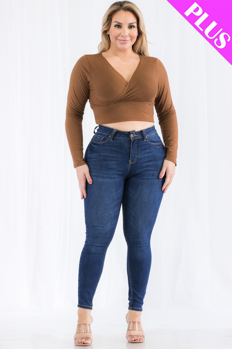 Plus Size Ribbed Wrap Front Long Sleeve Top (CAPELLA)