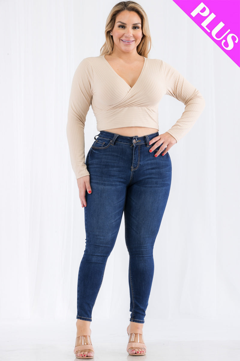 Plus Size Ribbed Wrap Front Long Sleeve Top (CAPELLA)