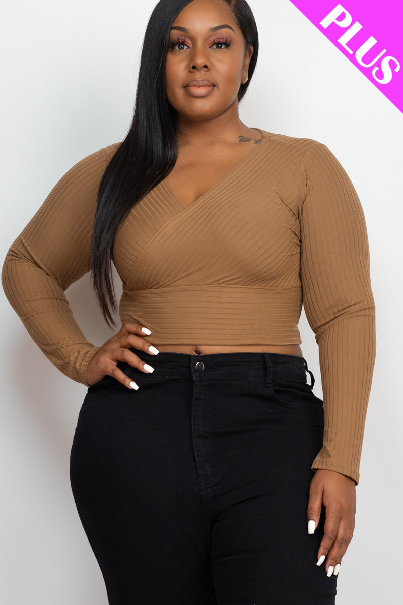 Plus Size Ribbed Wrap Front Long Sleeve Top (CAPELLA)