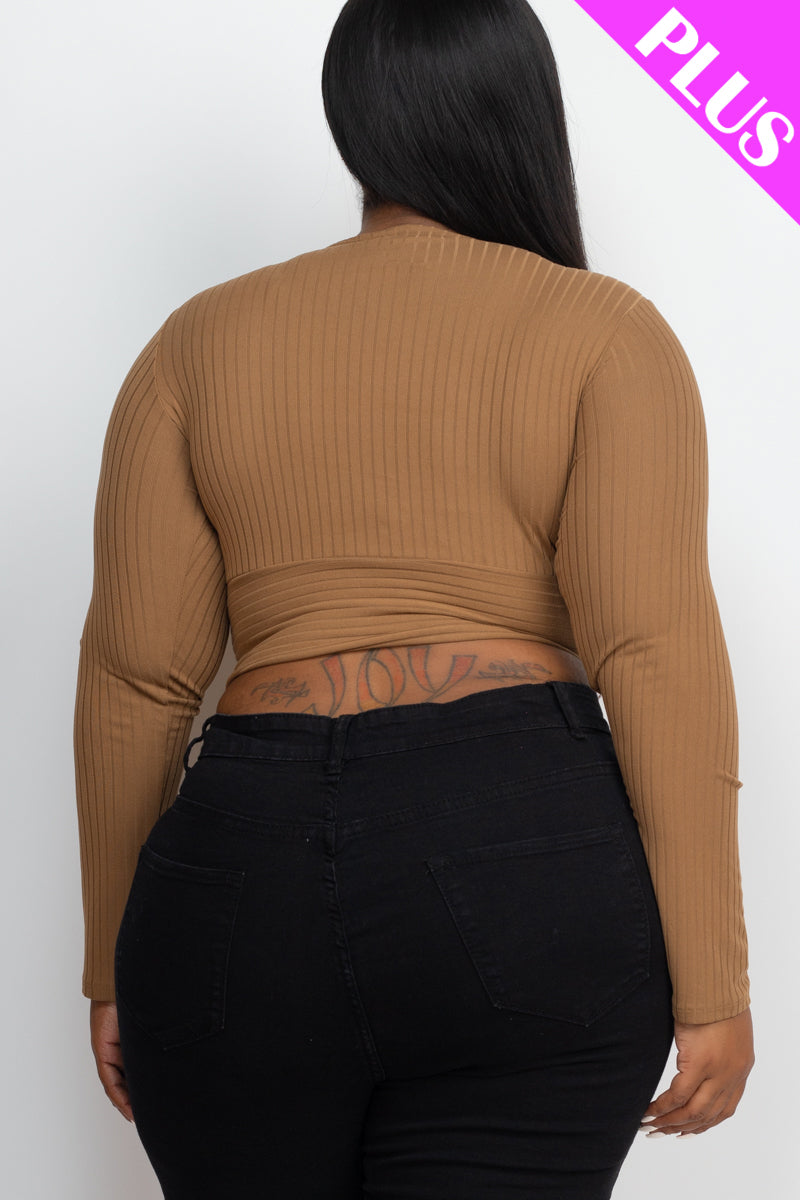 Plus Size Ribbed Wrap Front Long Sleeve Top (CAPELLA)