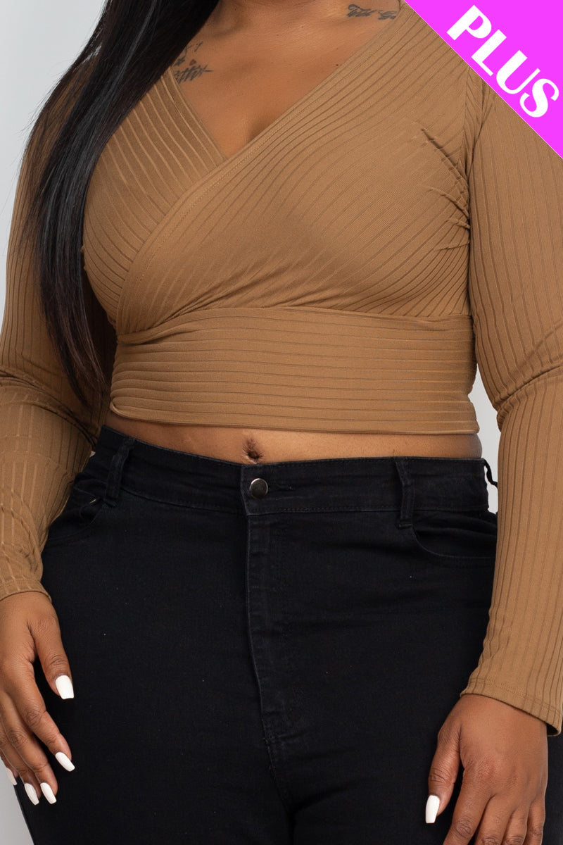 Plus Size Ribbed Wrap Front Long Sleeve Top (CAPELLA)