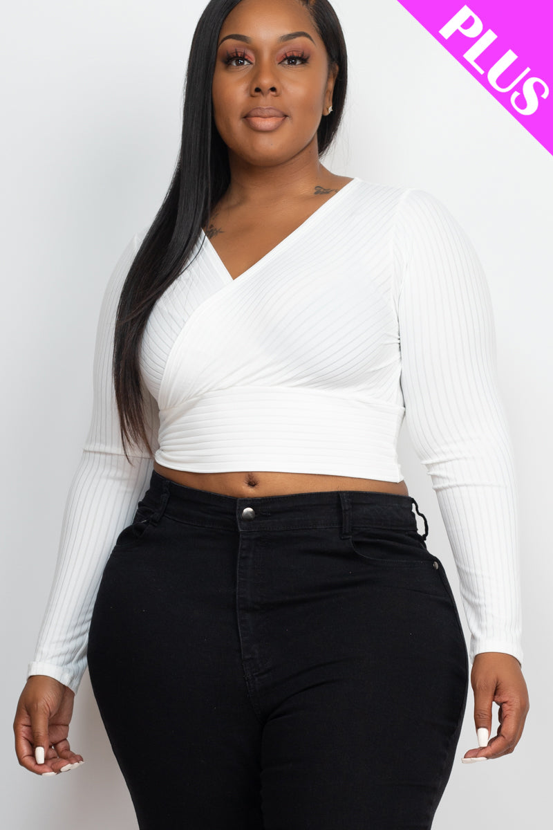 Plus Size Ribbed Wrap Front Long Sleeve Top (CAPELLA)