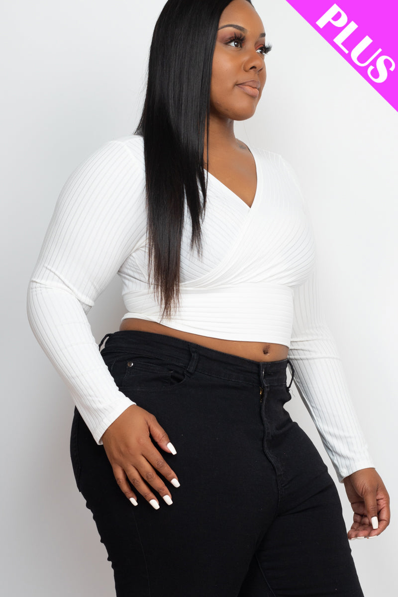 Plus Size Ribbed Wrap Front Long Sleeve Top (CAPELLA)