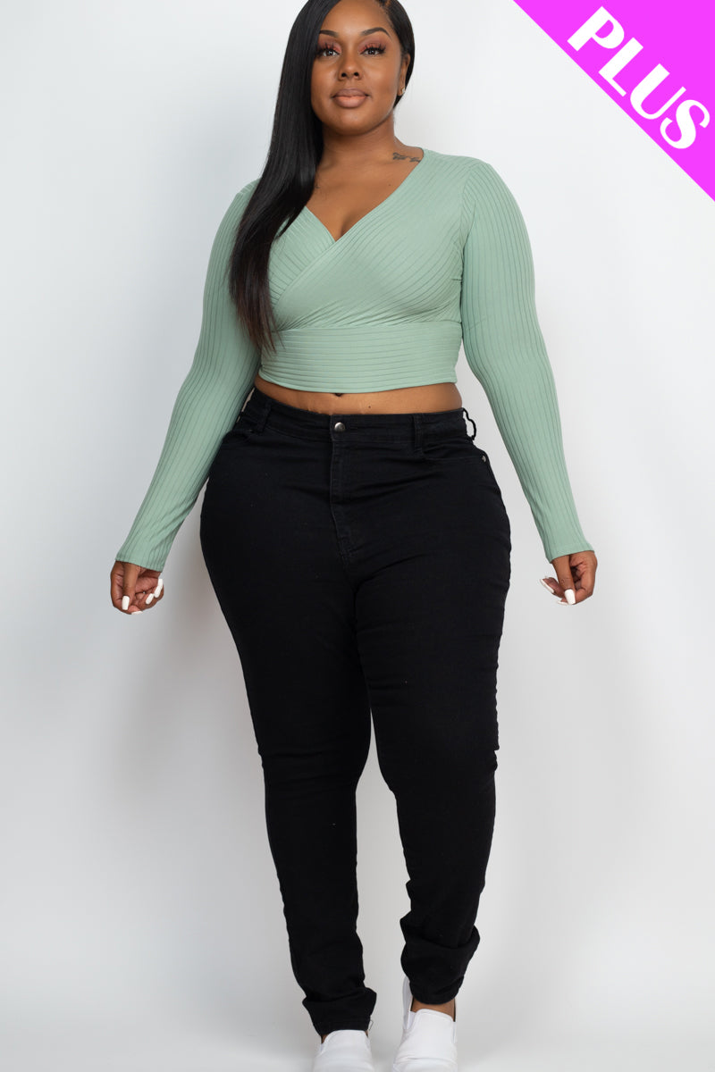Plus Size Ribbed Wrap Front Long Sleeve Top (CAPELLA)