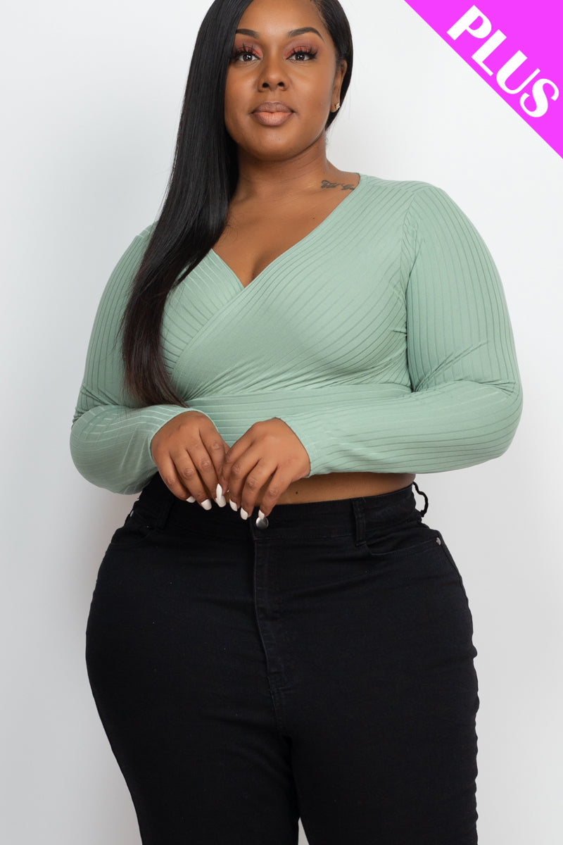 Plus Size Ribbed Wrap Front Long Sleeve Top (CAPELLA)