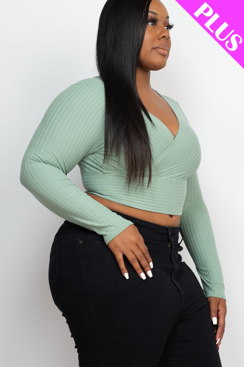 Plus Size Ribbed Wrap Front Long Sleeve Top (CAPELLA)