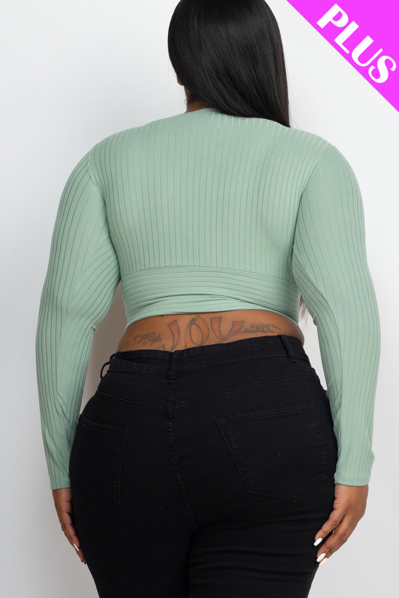 Plus Size Ribbed Wrap Front Long Sleeve Top (CAPELLA)