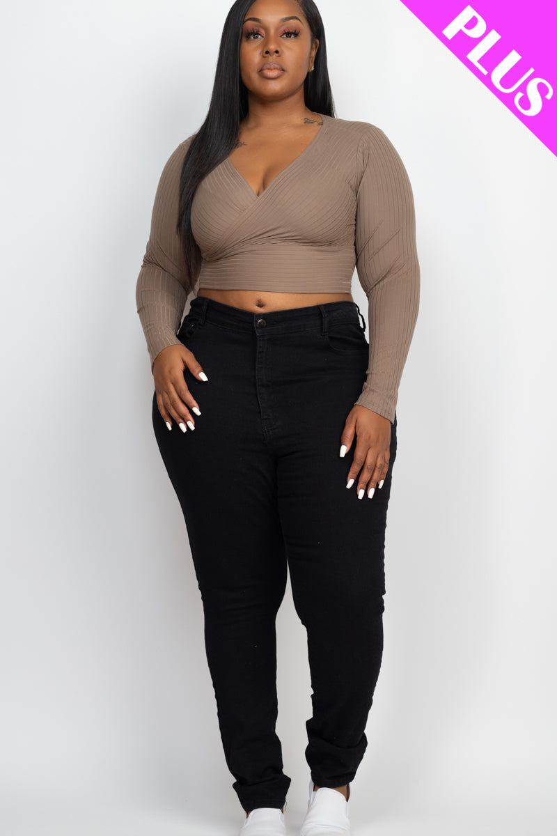 Plus Size Ribbed Wrap Front Long Sleeve Top (CAPELLA)