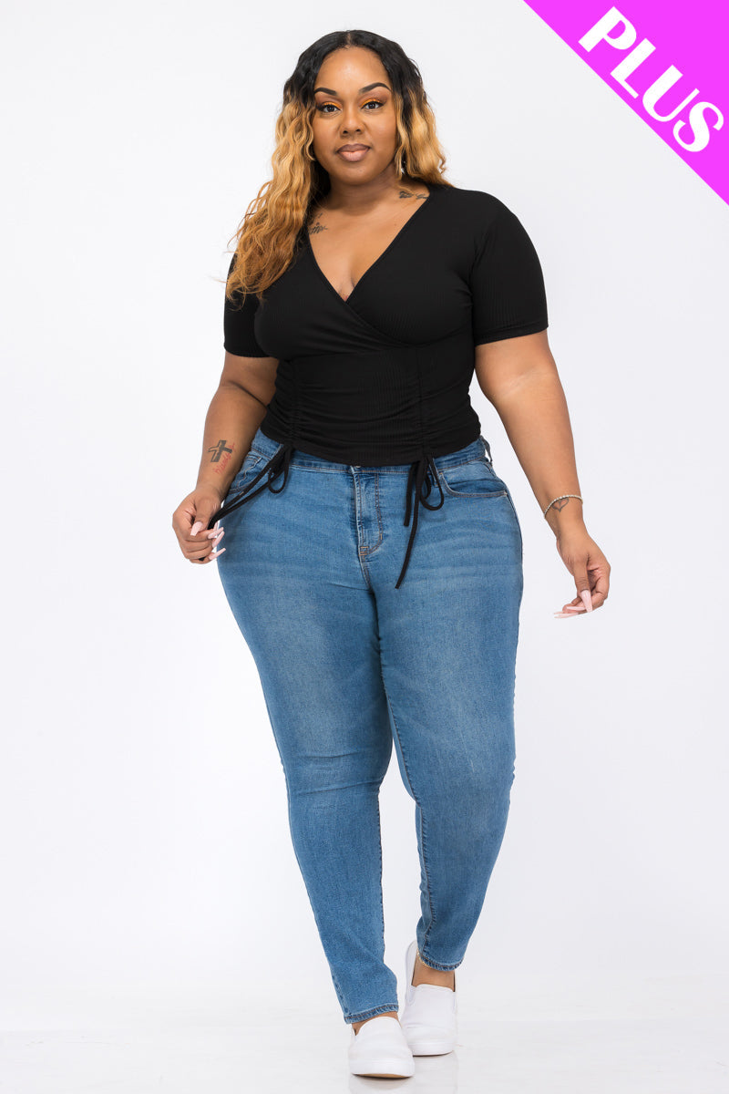 Plus Size Ribbed Ruched Drawstring Surplice Top (CAPELLA)