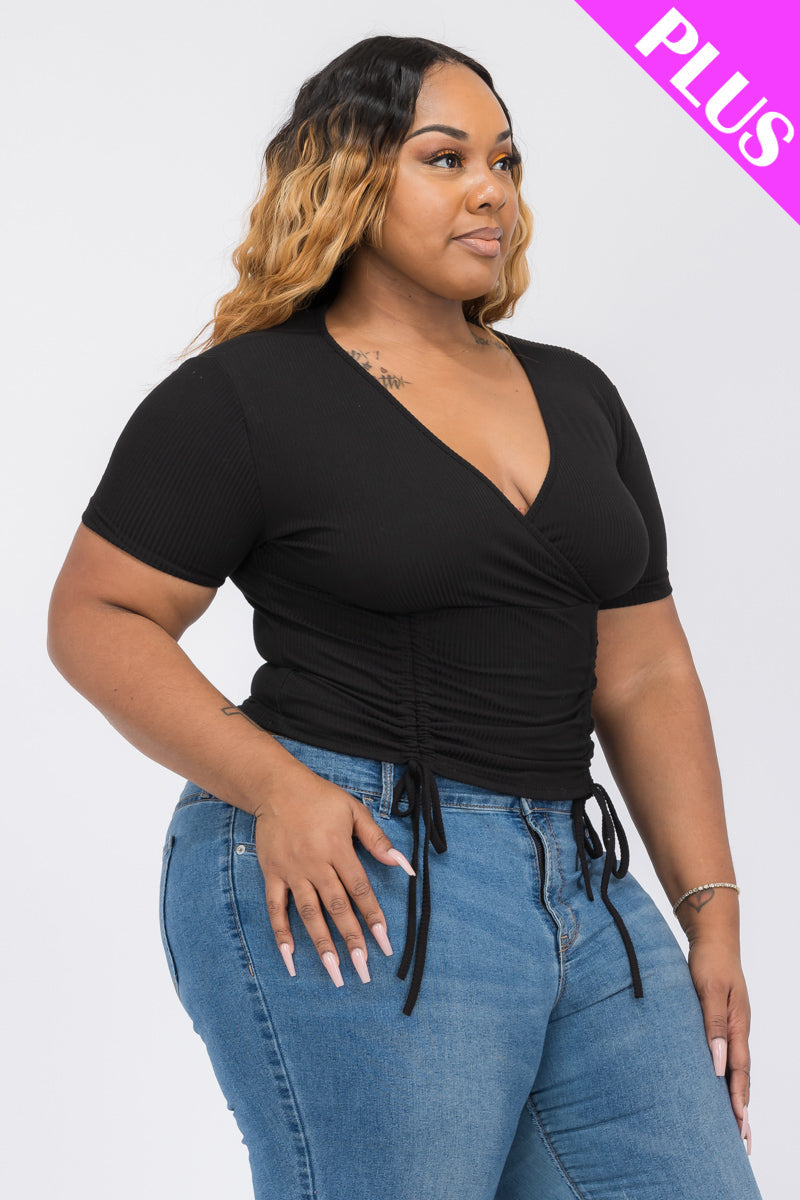 Plus Size Ribbed Ruched Drawstring Surplice Top (CAPELLA)