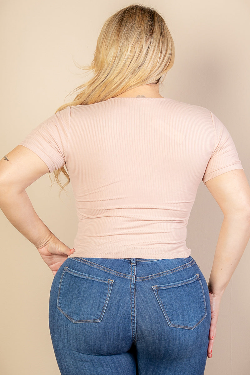 Plus Size Ribbed Ruched Drawstring Surplice Top (CAPELLA)