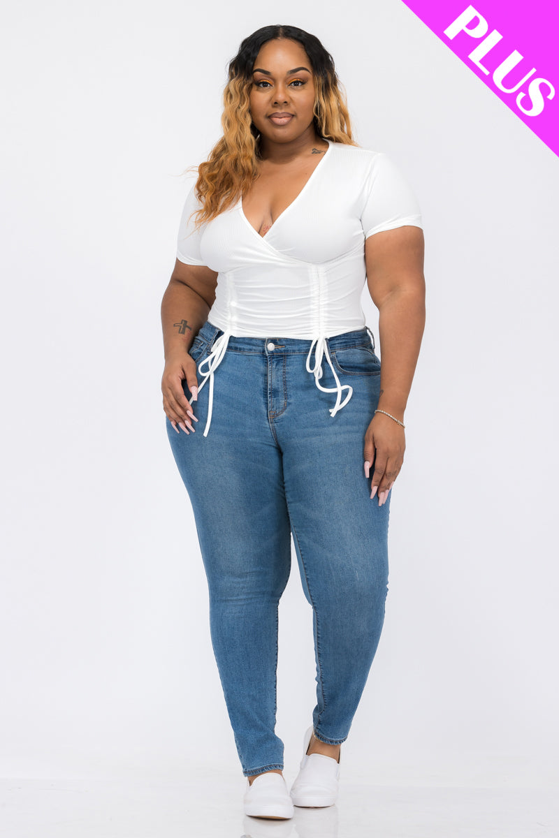 Plus Size Ribbed Ruched Drawstring Surplice Top (CAPELLA)