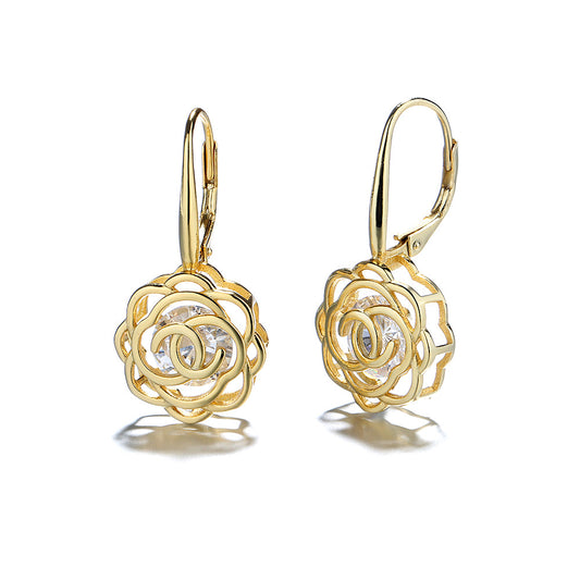14K Gold Caged with crystals from Swarovski Rose Lever Back Earrings