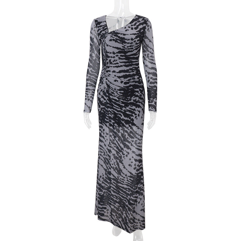 Zebra Print Off-Shoulder Ruched Bodycon Maxi Dress – Fall/Winter Trend