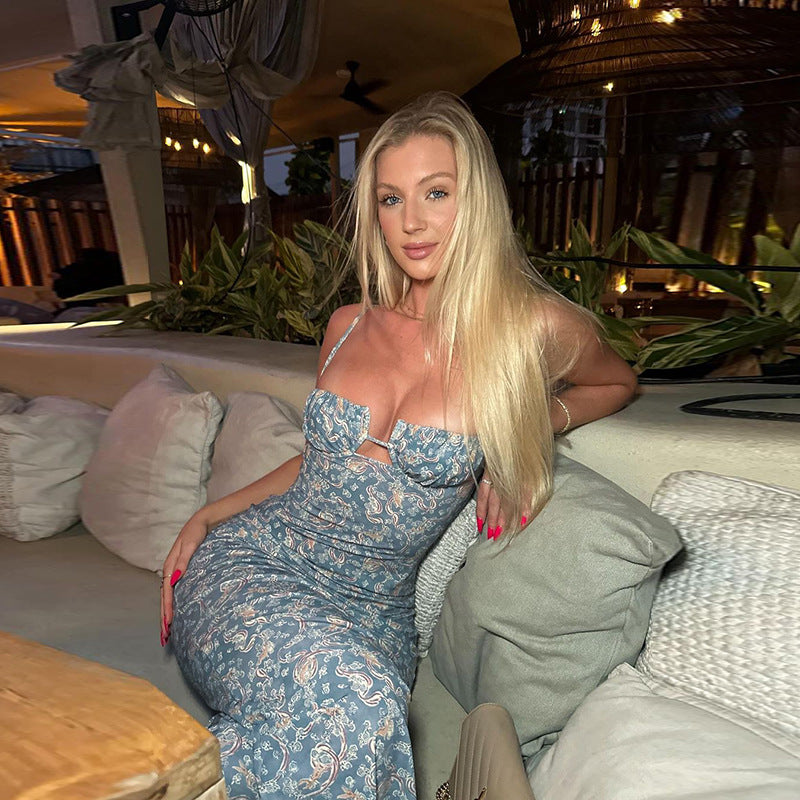 Sexy Printed Backless Spaghetti Strap Split Maxi Dress