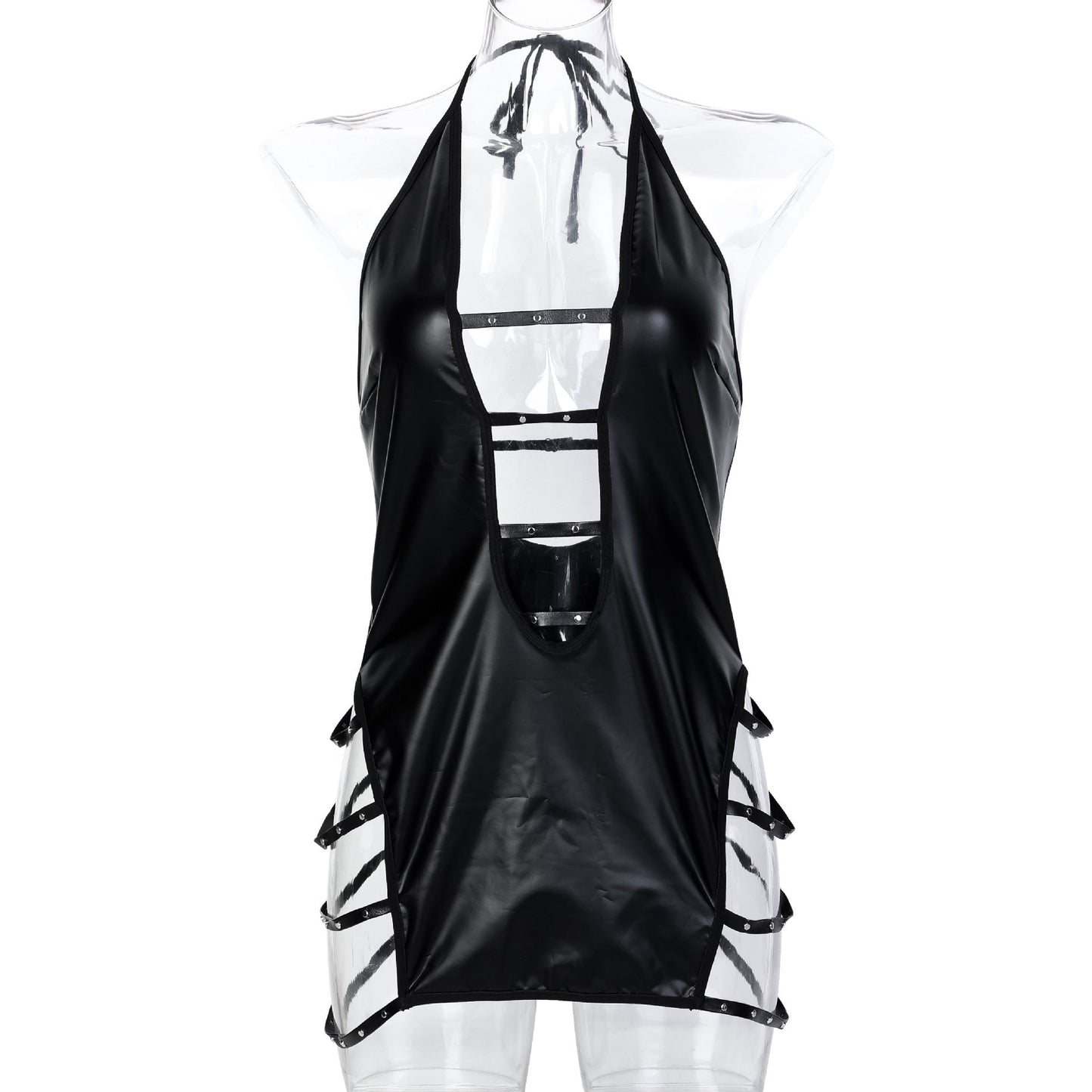 Black Faux Leather Cutout Halter Deep V Nightdress with Metal Bead Details
