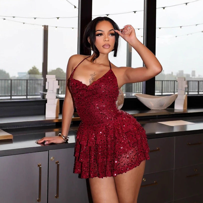 Women Sleeveless Backless Sequined Dress S-XXL