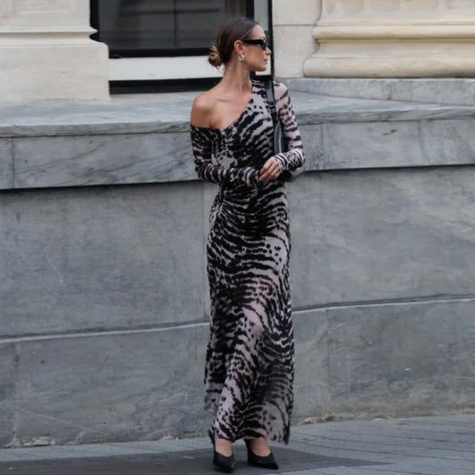 Zebra Print Off-Shoulder Ruched Bodycon Maxi Dress – Fall/Winter Trend