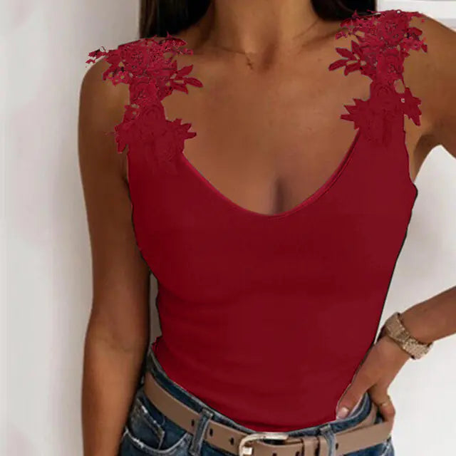 Lace Petal Tank Top  V-Neck Casual T-Shirt Sizes S-2XL