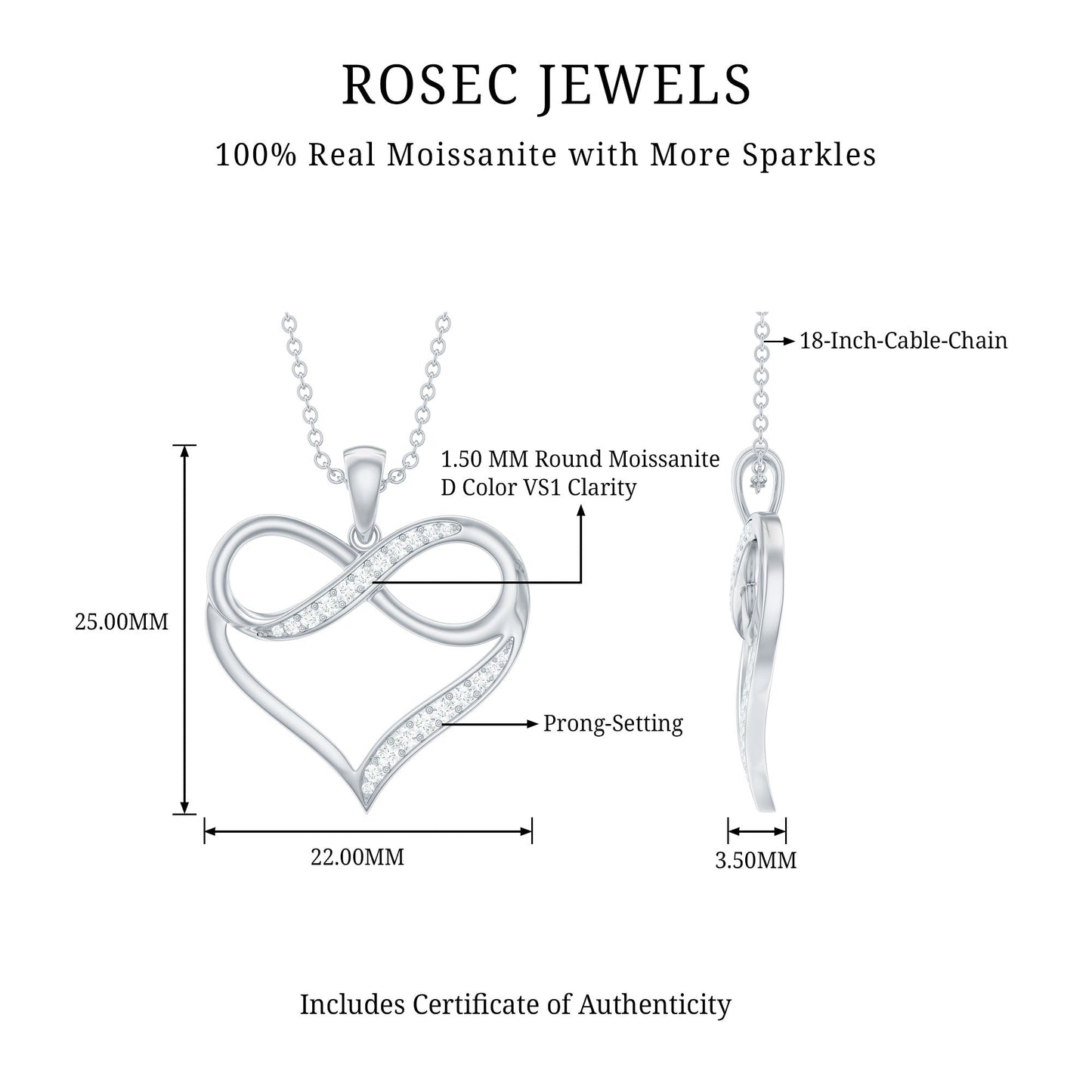 Moissanite Infinity Heart Pendant Necklace in Silver