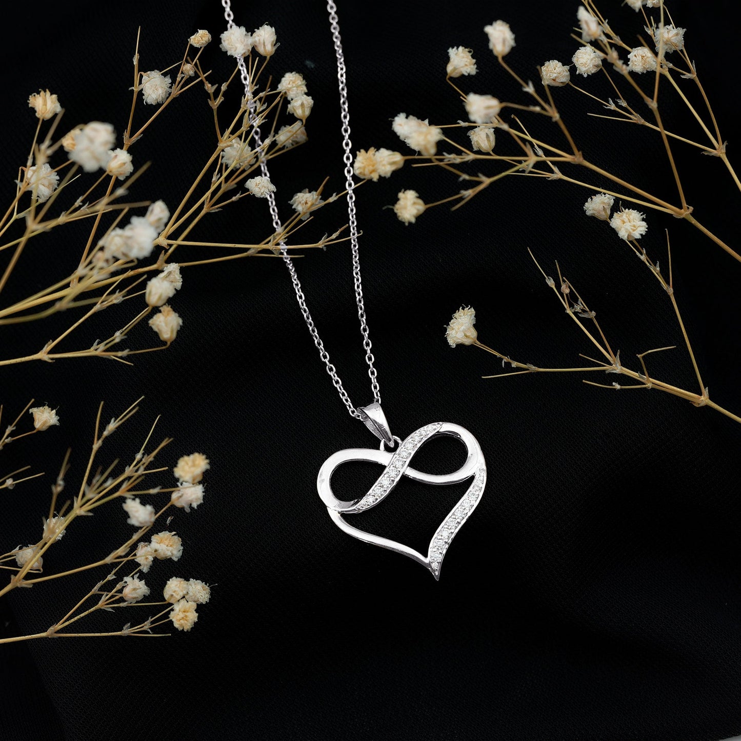 Moissanite Infinity Heart Pendant Necklace in Silver