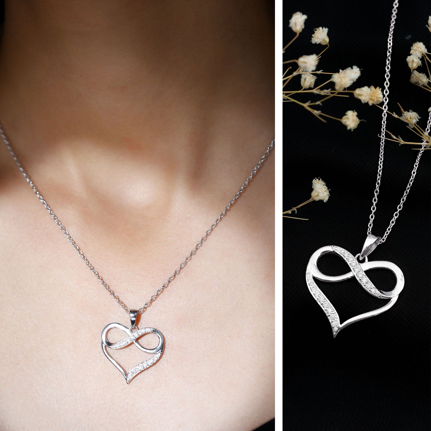 Moissanite Infinity Heart Pendant Necklace in Silver