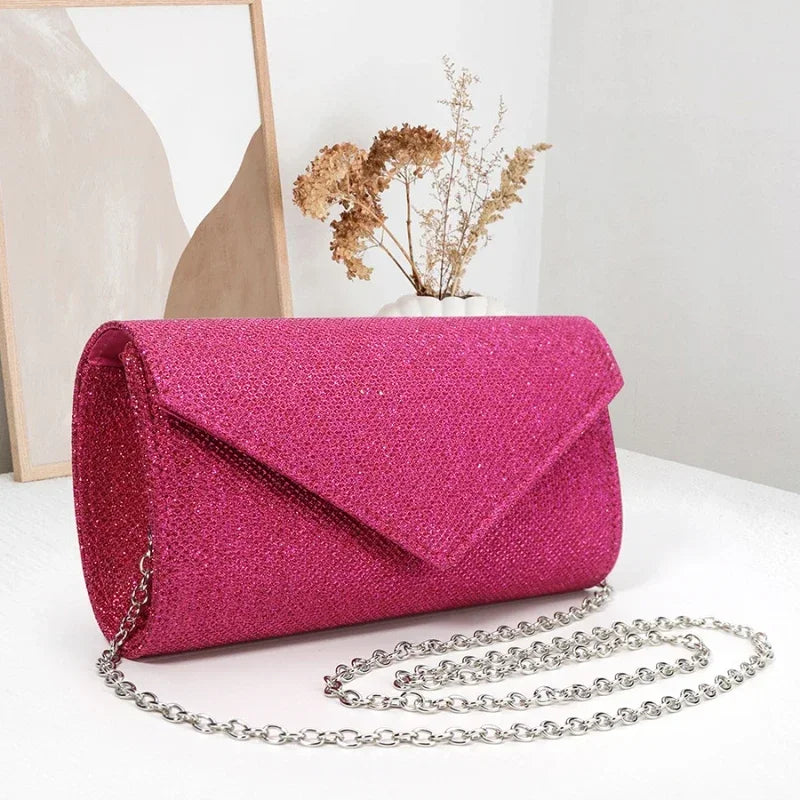 Silver Glitter Evening Clutch Bag with Chain