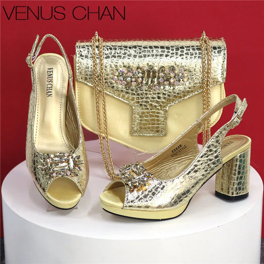 Elegant Crystal Peep Toe Heels & Matching Bag Set for Women
