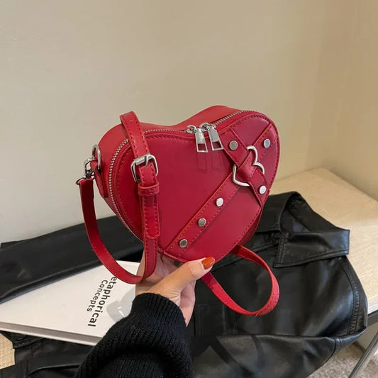 Y2K Heart Shaped Red PU Leather Crossbody Bag