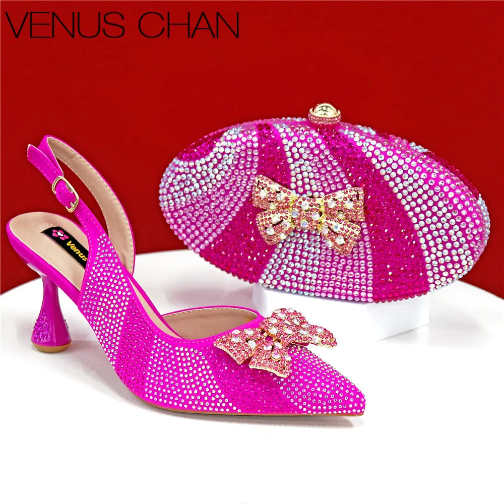 Italian Design Women’s High Heels & Matching Clutch Bag Set – Elegant with Appliqué Detail