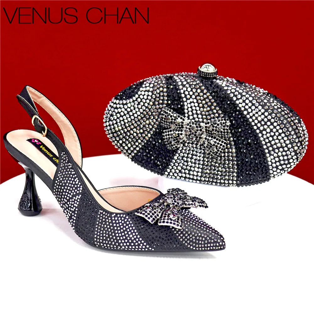 Italian Design Women’s High Heels & Matching Clutch Bag Set – Elegant with Appliqué Detail