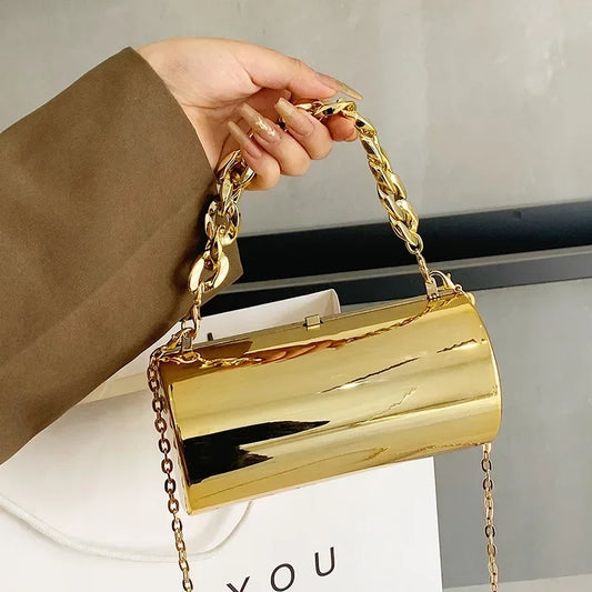 Gold Cylinder Clutch, Mini Evening Crossbody Bag
