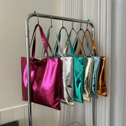 Glossy PU Leather Tote Bag Large Capacity, Shoulder Handbag