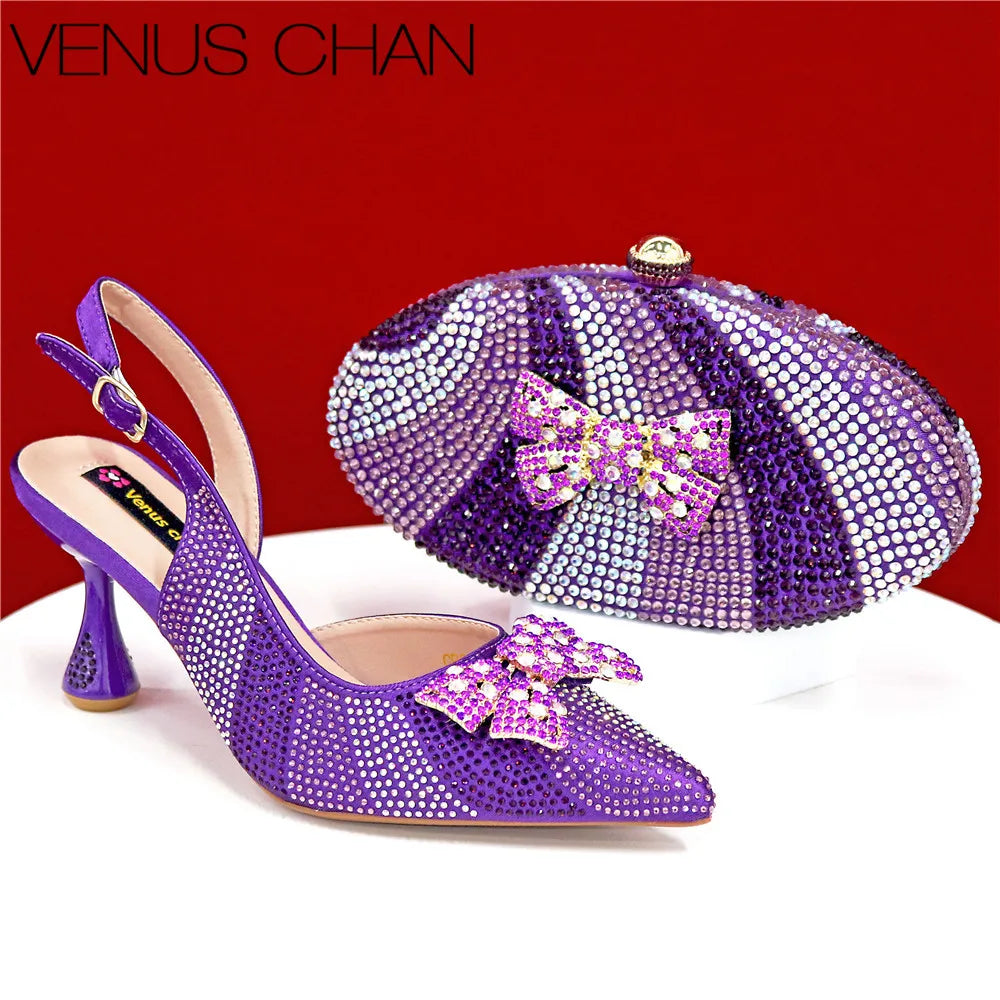 Italian Design Women’s High Heels & Matching Clutch Bag Set – Elegant with Appliqué Detail