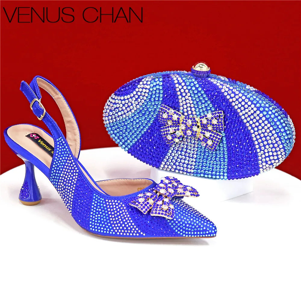 Italian Design Women’s High Heels & Matching Clutch Bag Set – Elegant with Appliqué Detail