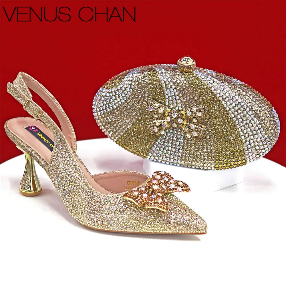Italian Design Women’s High Heels & Matching Clutch Bag Set – Elegant with Appliqué Detail