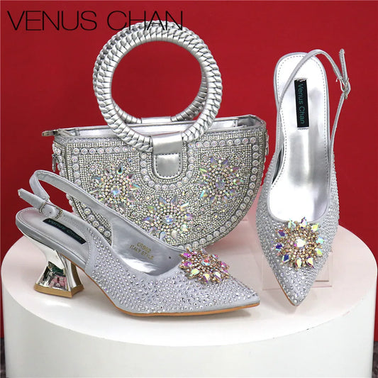 Italian Design Shoes & Handmade Petal Clutch Bag Set – Elegant Crystal Finish