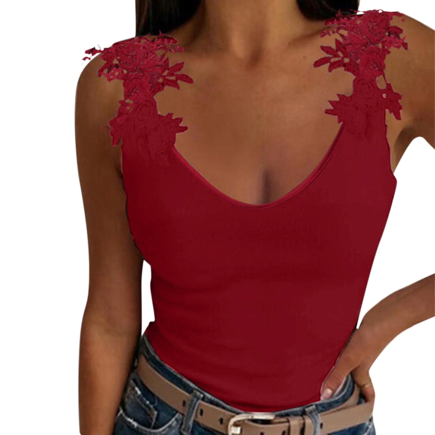 Lace Petal Tank Top  V-Neck Casual T-Shirt Sizes S-2XL