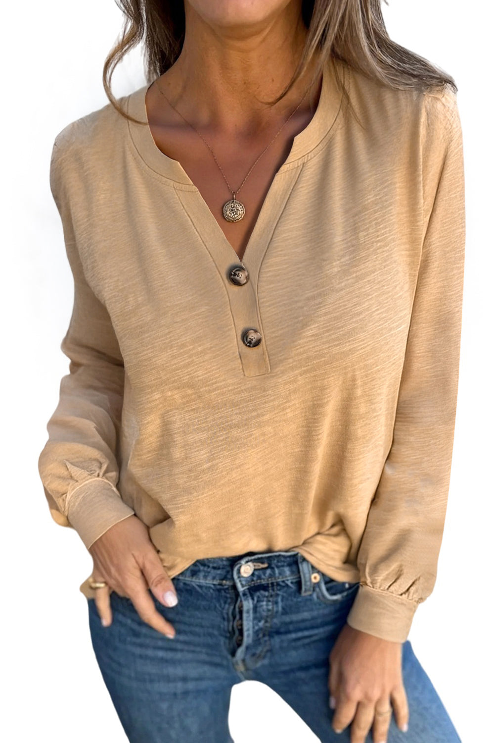 Mist Green Casual Button V Neck Long Sleeve T-Shirt