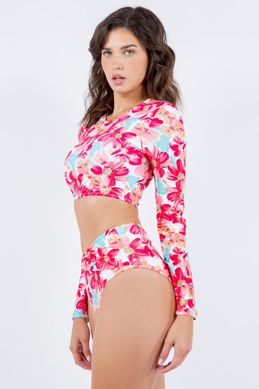 Two Piece Floral Prints with Long Sleeve Bikini