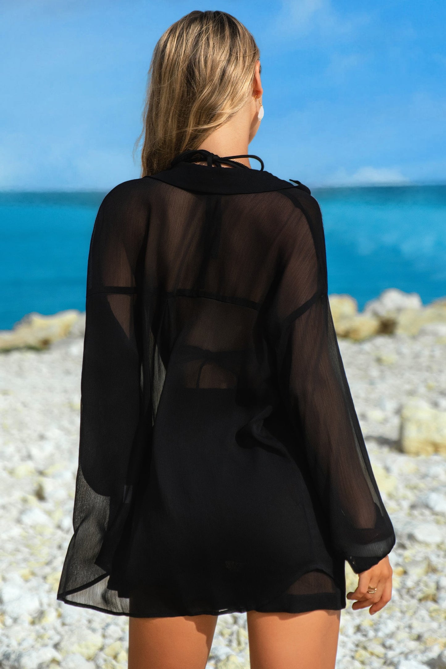 Black Sheer Tunic Shirt Drawstring Shorts 2pcs Swim Cover Up Sm-2XL