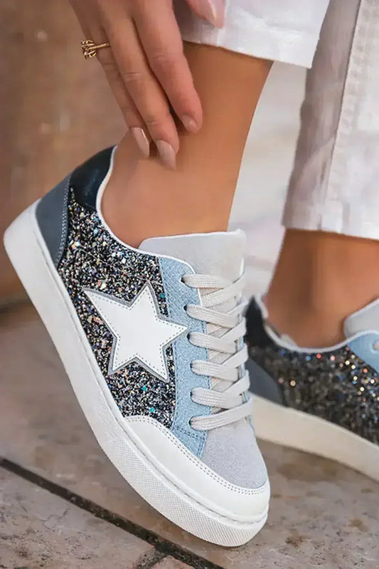 Silver Sequin Star Sneakers - Glitter Lace-Ups - Night Out Statement Shoes