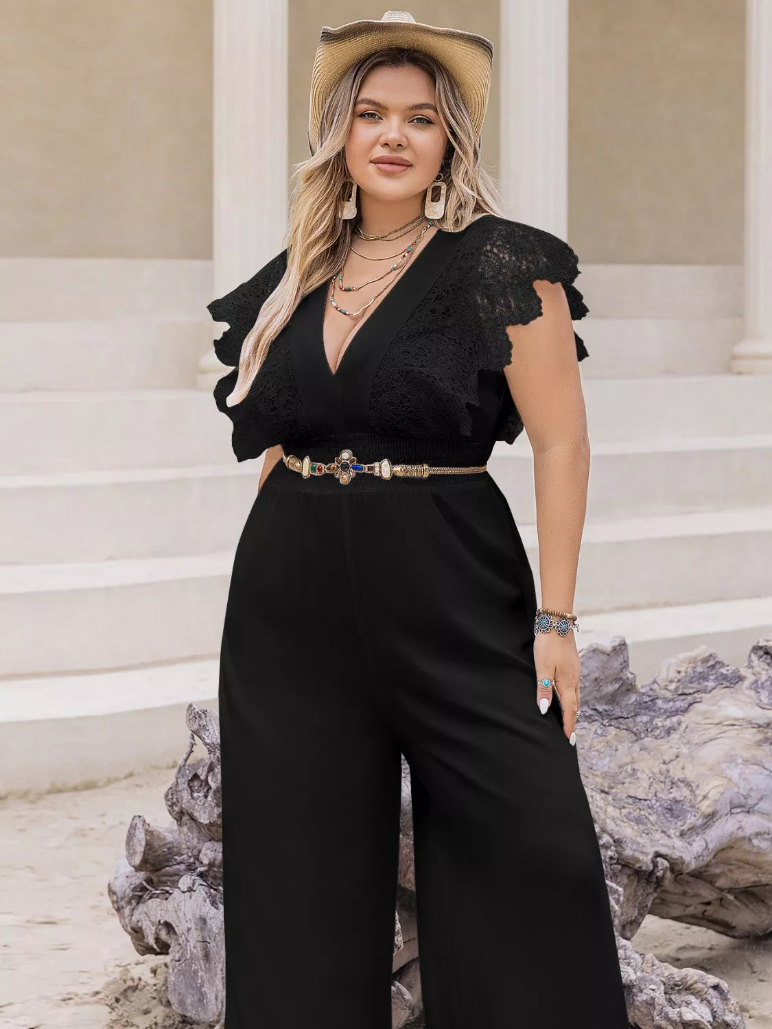 Plus Size Lace Cap Sleeve Wide Leg Jumpsuit