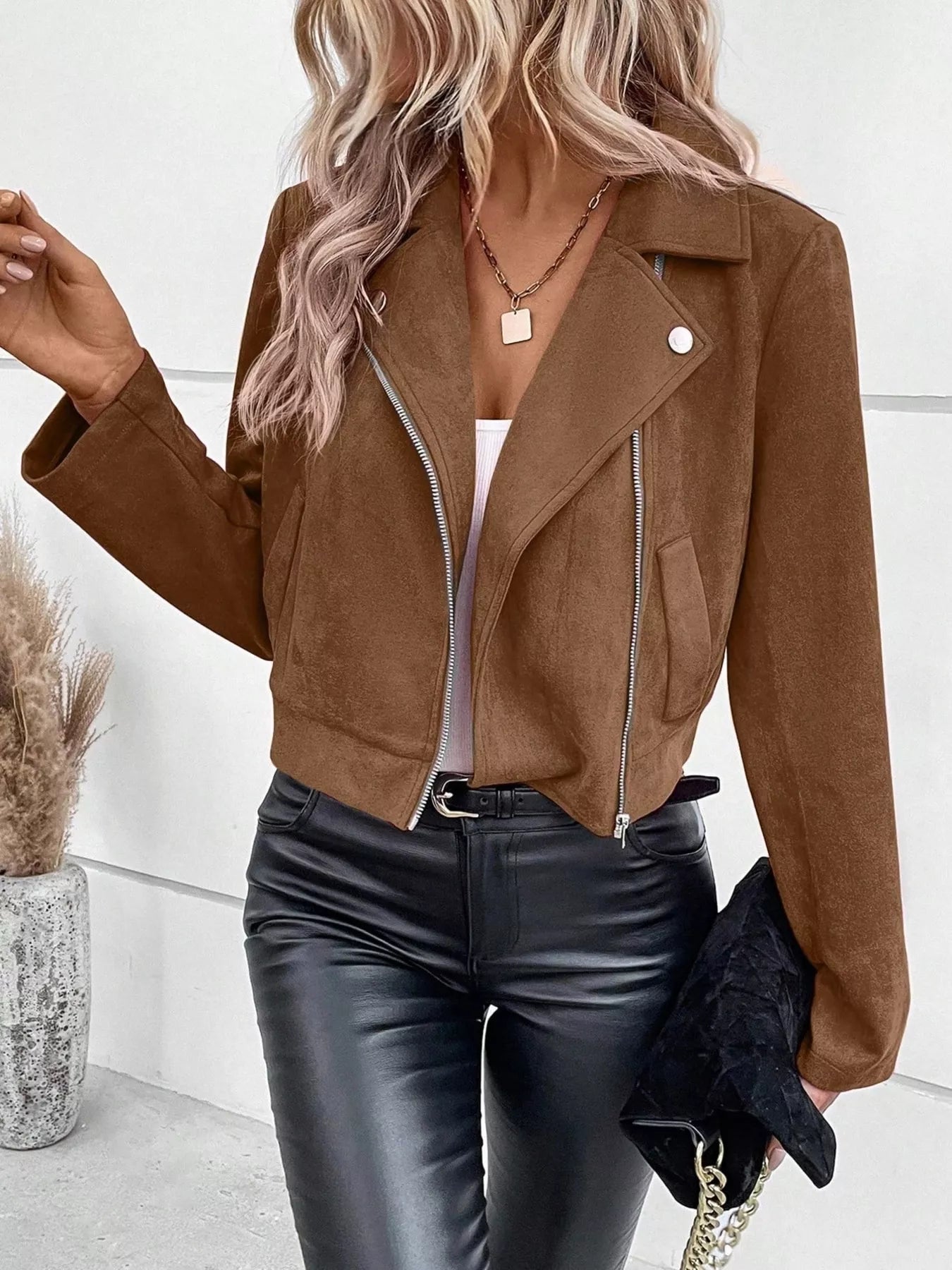 Suede Moto Jacket with Zip Detail