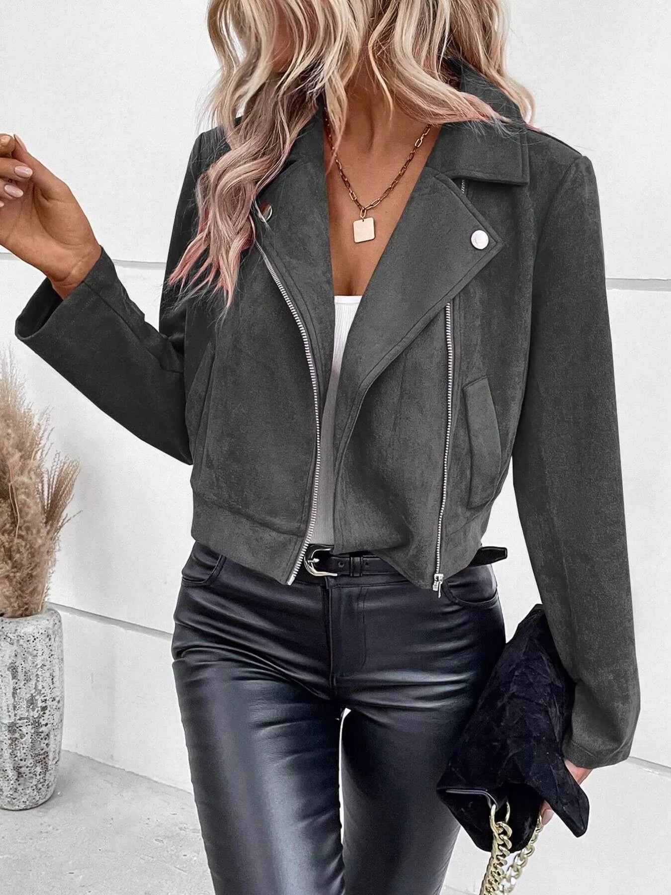 Suede Moto Jacket with Zip Detail